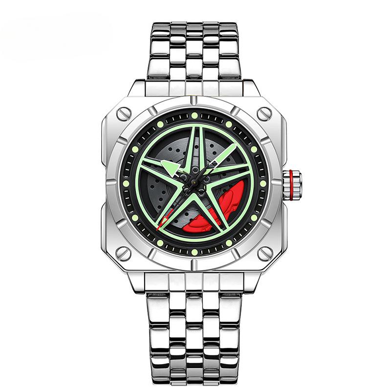 

Квадратные модные мужские пятизвездочные трехмерные вращающиеся циферблаты со стальным браслетом деловые повседневные водонепроницаемые кварцевые часы