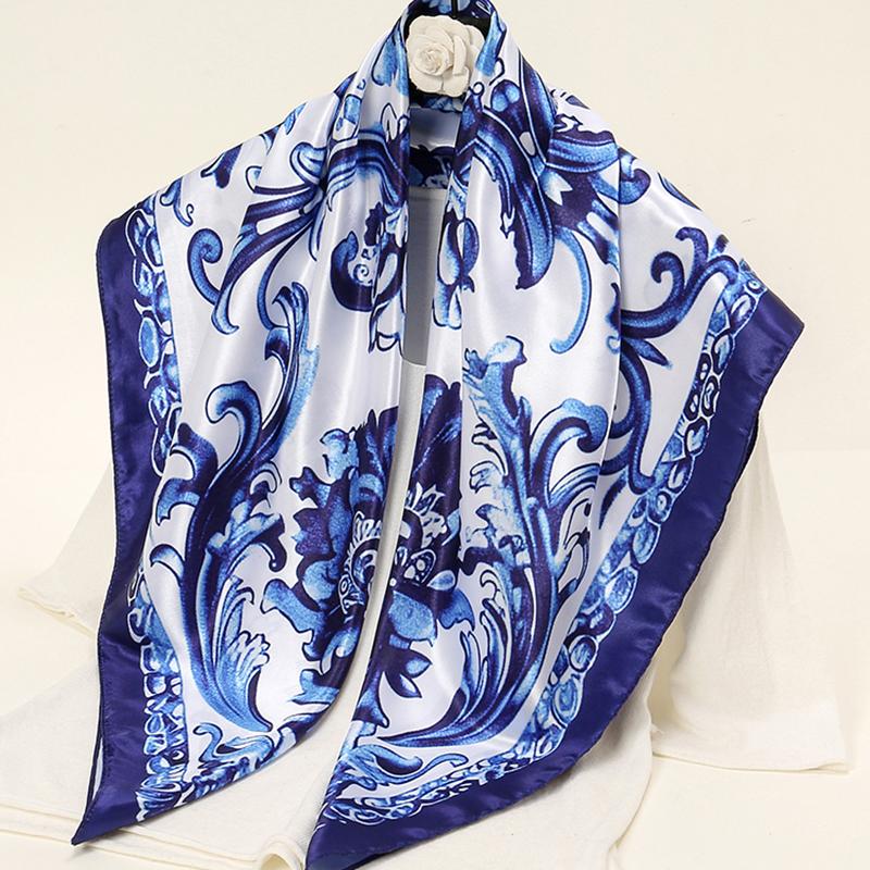 New Satin Silk Square Scarf Hijab Blue And White Porcelain Printed Bandana Kerchief Women Muslim Hijab Headscarf  Headband