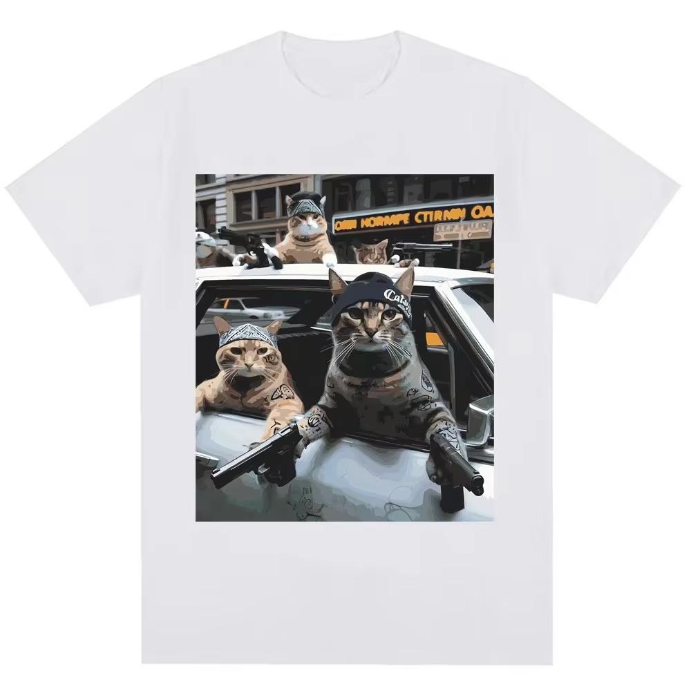 Funny Cat Gang Graphic T Shirt Vintage Novelty Trend Men Women Short Sleeve Oversized Cotton Casual Tee Shirts Streetwear Shirt