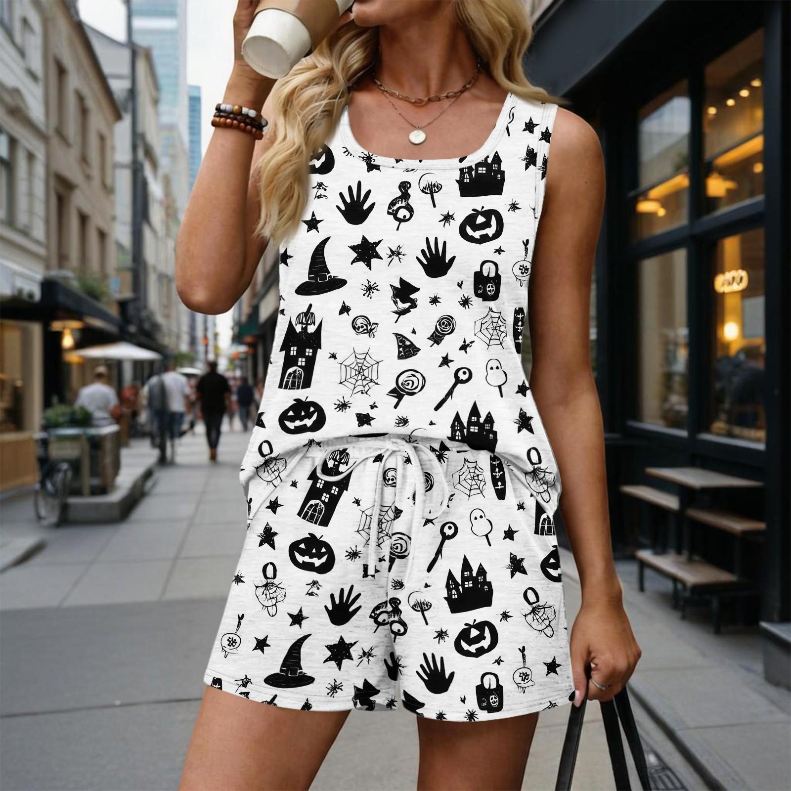 Women s Casual Halloween Color-Block Printed Sleeveless Set XL