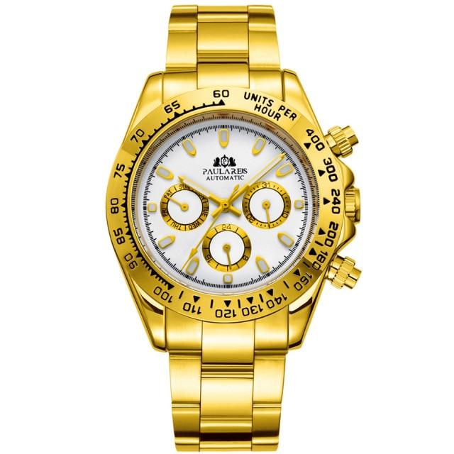 Paulareis Automatic Watches Self Wind Mechanical Gold Stainless Steel Glacier Ice Blue Dial Chestnut Brown Bezel Luminous Men Watch RL01