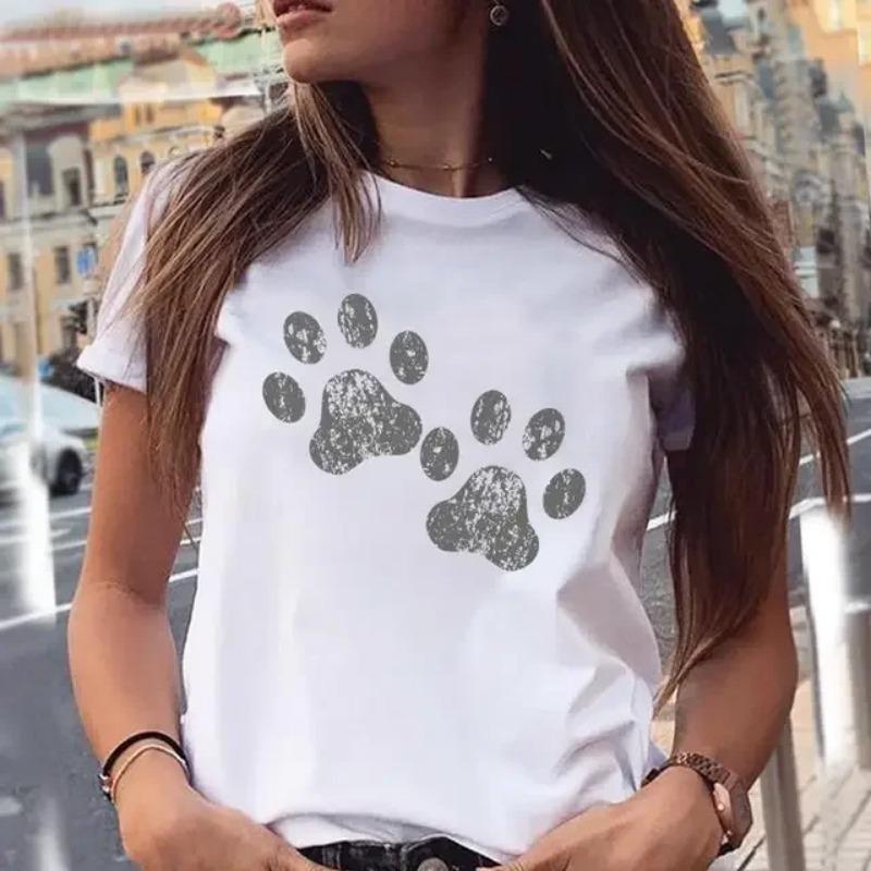 Women T-shirts Love Trend Style Dog Paw Cartoon Animal Pet Summer Graphic Print Female Stylish T Top Shirt Girl Tee T-Shirt