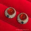 Vintage Red Agate & Zircon Inlaid Oval Shell Daisy Stud Earrings - Versatile Jewelry for Daily Wear