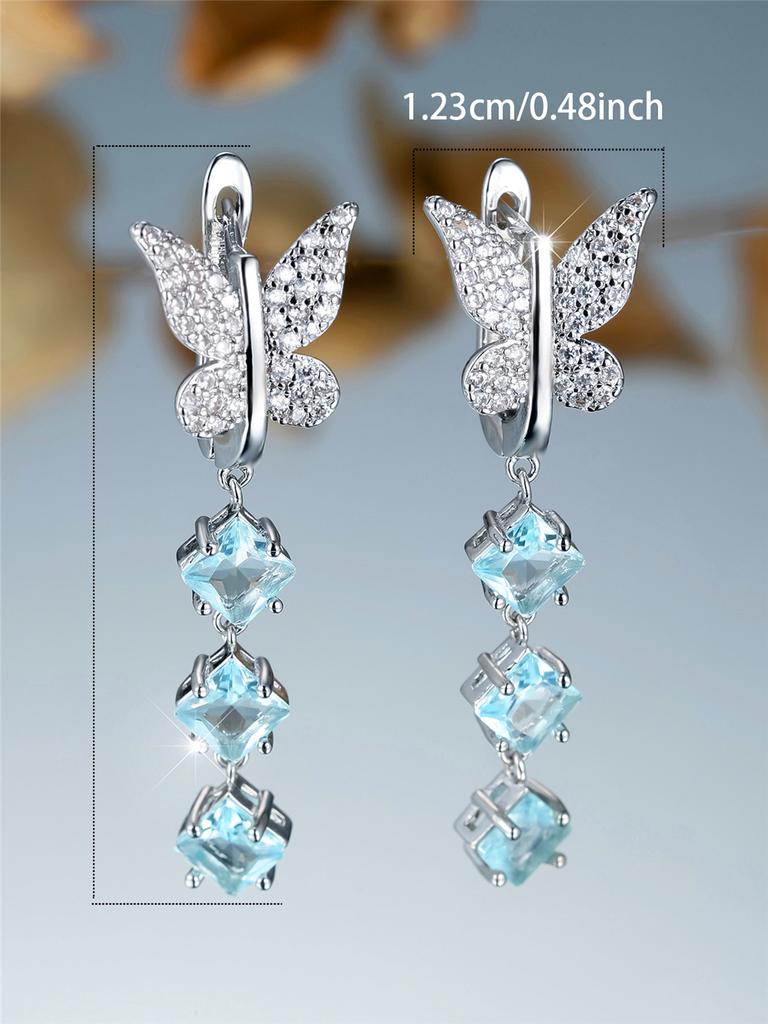 Luxury Female Light Blue Zircon Hoop Butterfly Sqaure Earrings Vintage Silver Color Simple Wedding Jewelry For Women