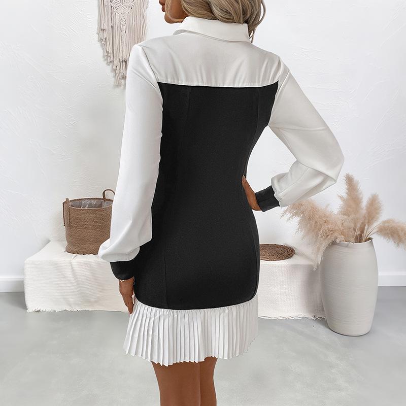 New Women's Puff Sleeve Shirt Dress, Notched Lapel Two Tone A-Line Skirt with Black White Color Block, Versatile Office To Party Dress for Autumn