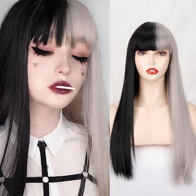 Long Straight Wig Cosplay Black Gray Wig for Women with Bangs Synthetic High Temperature Fiber Wig