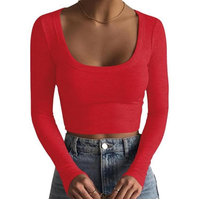 Form-Fitting Ribbed Long Sleeve Crop Top With Wide Square Neck