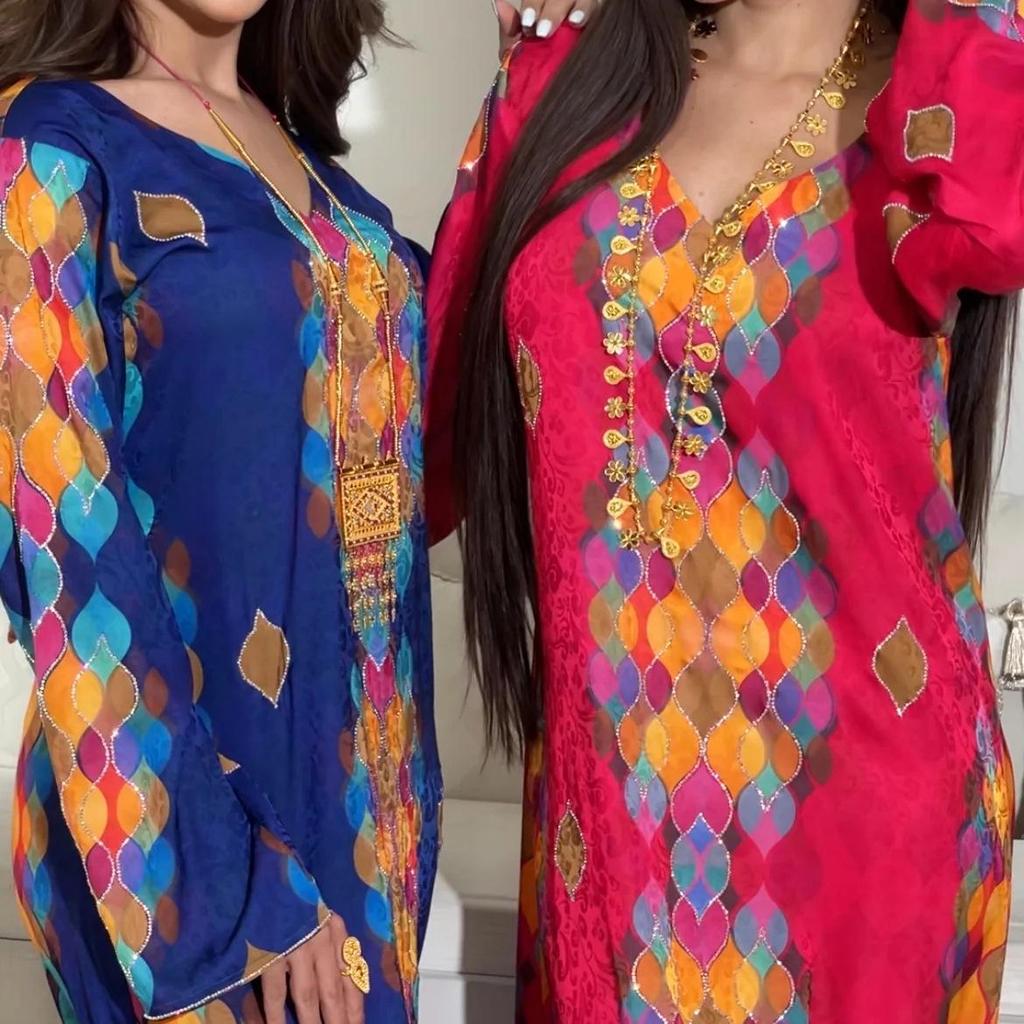 Elegant V-Neck Long Sleeve Dress with Hot Drill Print for Women