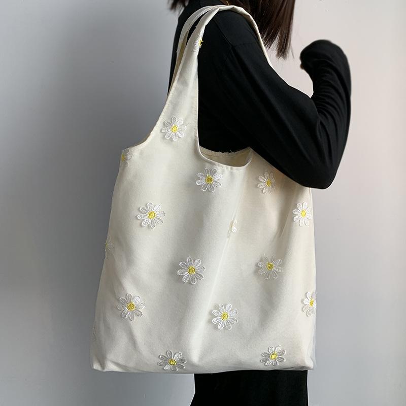 Embroidery Shoulder Canvas Bag Reusable Portable Large Capacity Foldable Storage Bag Shopping Bag Lady Handbags Bolsa Feminina