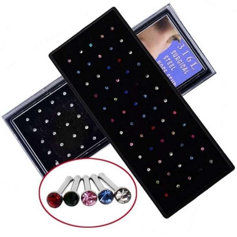 60 Stuks Roestvrij Staal Kristal Neusring Set Vrouwen Meisje Chirurgisch Staal Neuspiercing Kristallen Sieraden