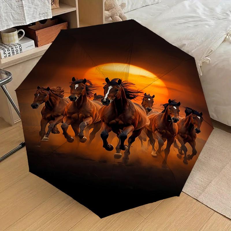 Galloping Horses Sunset Scene Automatic Opening/Closing Umbrella - Portable Folding Design, 8-Bone Iron Frame Outdoor Umbrella, Ideal Gift f