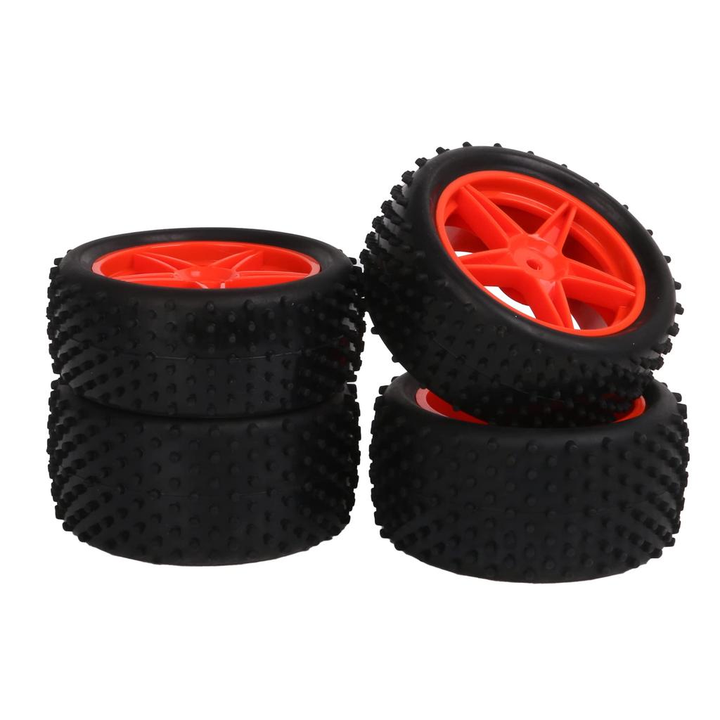 Mxfans 4-Pack Cylindrical Rubber Tires & Plastic Pentagram Wheel Rims for RC 1:10 Off-Road Vehicles (Black & Red)
