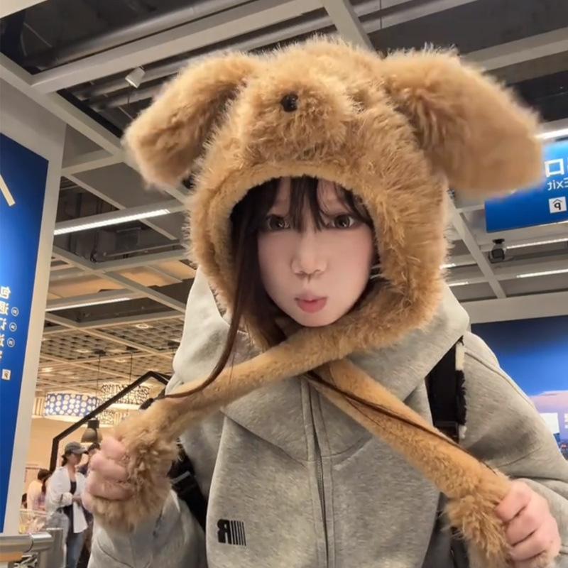 Pelziger Welpenohren Hut mit beweglichen Ohren für Damen Winter Verdickt Winddicht und Warm Lei Feng Hut Ohrenschutz Stil