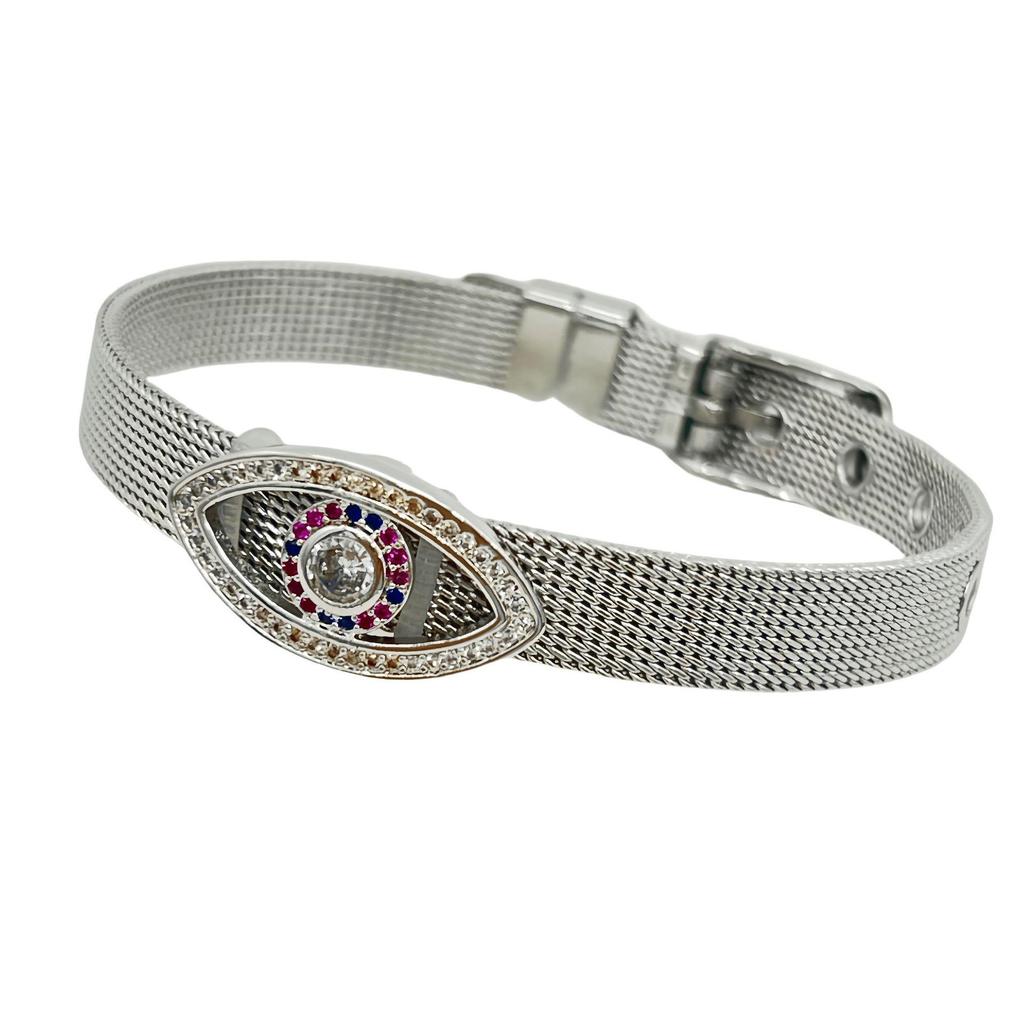 Stainless Steel Watch Band with Devil's Eye Zircon Bracelet - Stylish European and American Fashion Jewelry