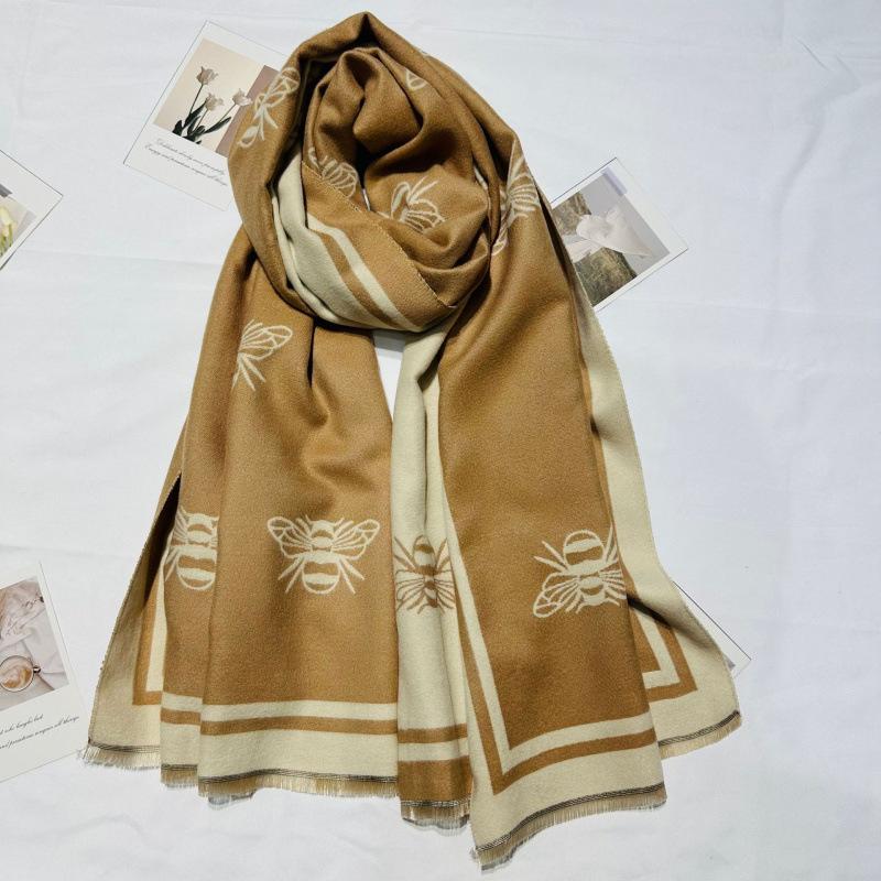 New Simple Bee Pattern Scarf for Women High End Double-sided Pattern Versatile Warm and Thickened Shawl Korean Style Shawl
