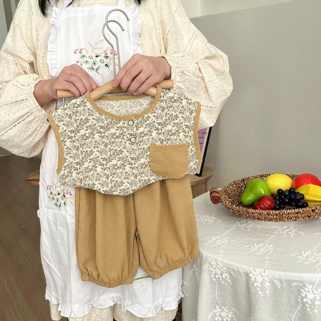 Letni komplet bez rękawów z jedwabiu lodowego w stylu retro w stylu chińskim dla dzieci – modna kamizelka dla chłopców i dziewcząt