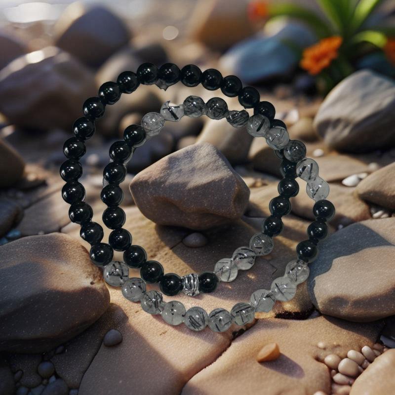 Small Bead Double-Layer Bracelet, Black Series Bracelet, Natural Black Obsidian and Black Rutilated Quartz Bracelet, Gift for Women, Men, and Couples