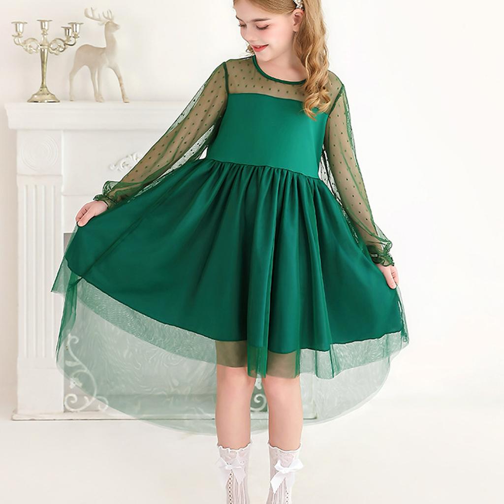 Girls Dresses Contrast Mesh Long Sleeve Twirly High Low Birthday Party Formal Dress