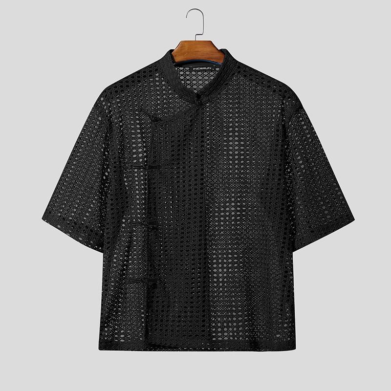 INCERUN Summer MenShort Sleeve Mesh See Through Hollow Retro Knot T-shirts Tops 3XL