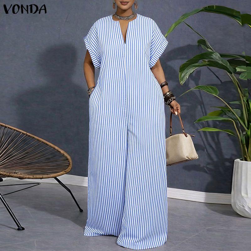 VONDA Summer Women V Neck Long Sleeve Striped Thin Casual Long Wide Leg Jumpsuit Rompers For Tall