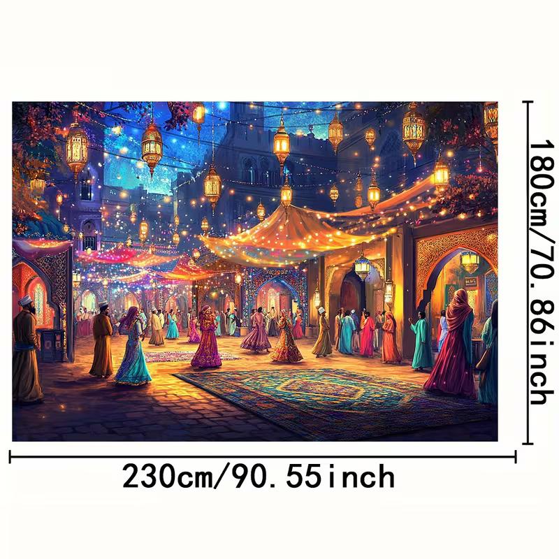 2D Ramadan Festival Backdrop, Magical Arabian Night Market with People Banner
