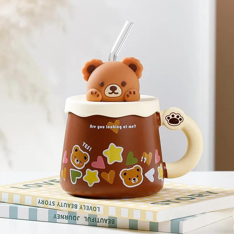 450ml Roztomilý keramický hrnek s víčkem Lžička Hrníčky na snídani Šálek džusu Lovely Bear Šálek kávy Domácí kancelář Pár Šálek na vodu