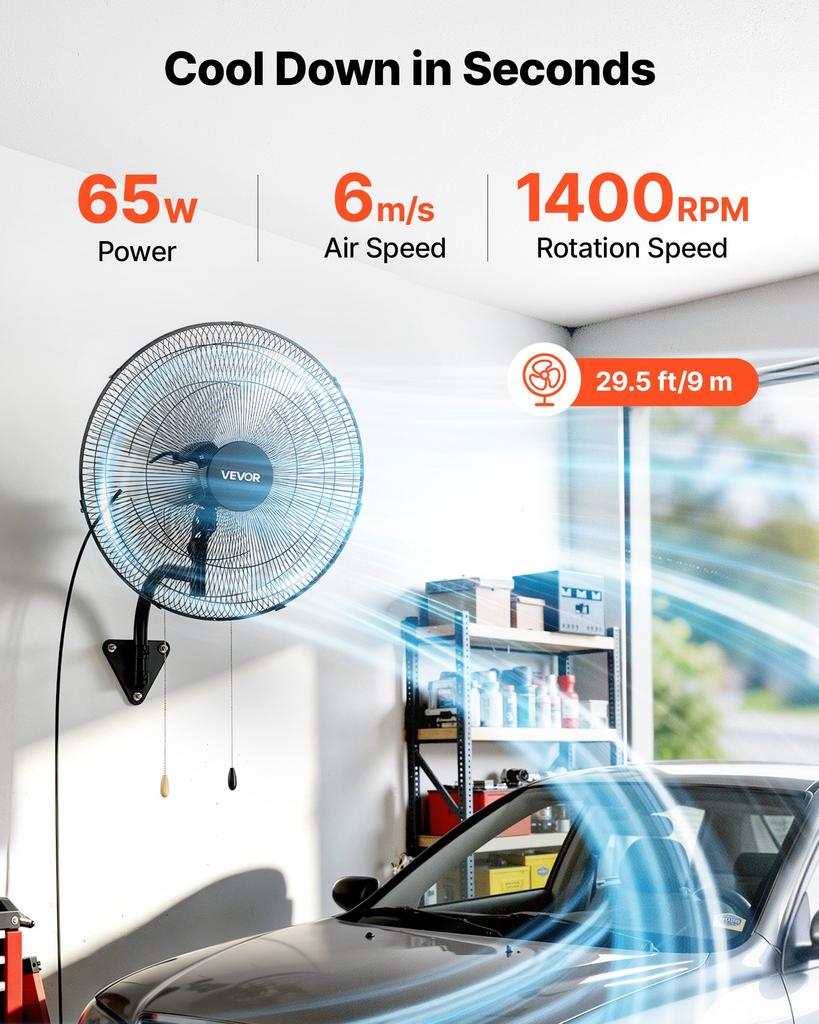 VEVOR Wall Mount Fan, 500mm Wall Mounted Hanging Fan Oscillating, 3-Speed, Long Airflow Distance, Adjustable Rotation Angle