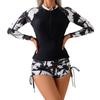 Women's Print Patchwork Zipper Long Sleeve Two-Piece Boyleg Bikini Swimsuit