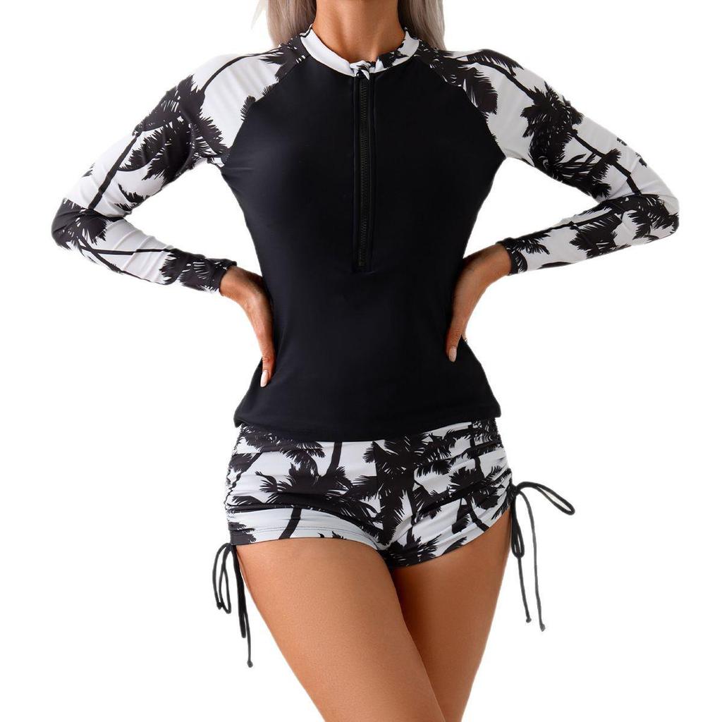 Women's Print Patchwork Zipper Long Sleeve Two-Piece Boyleg Bikini Swimsuit