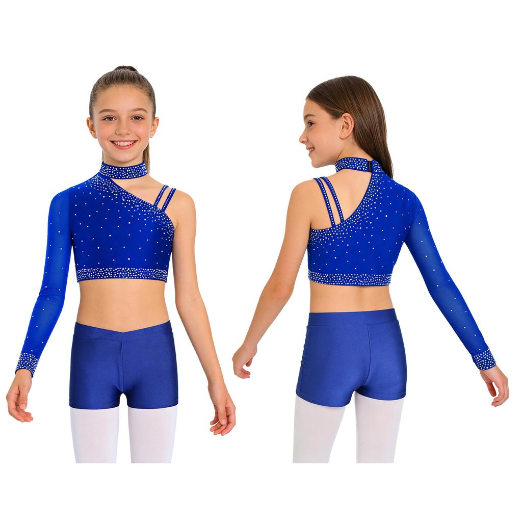Třpytivý crop top na tanec s kamínky pro dívky: Šortky s nepravidelným ramenem a V-předním pasem pro taneční vystoupení