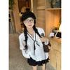 Retro V-neck tie bow blouse for women, spring and summer long-sleeve design with ruffled lace top