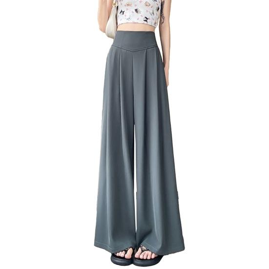 

Women Pants Elastic High Waist Wide Leg Casual Trousers Pure Color Loose Fit Office Lady Long Pants Daily Wear S серый