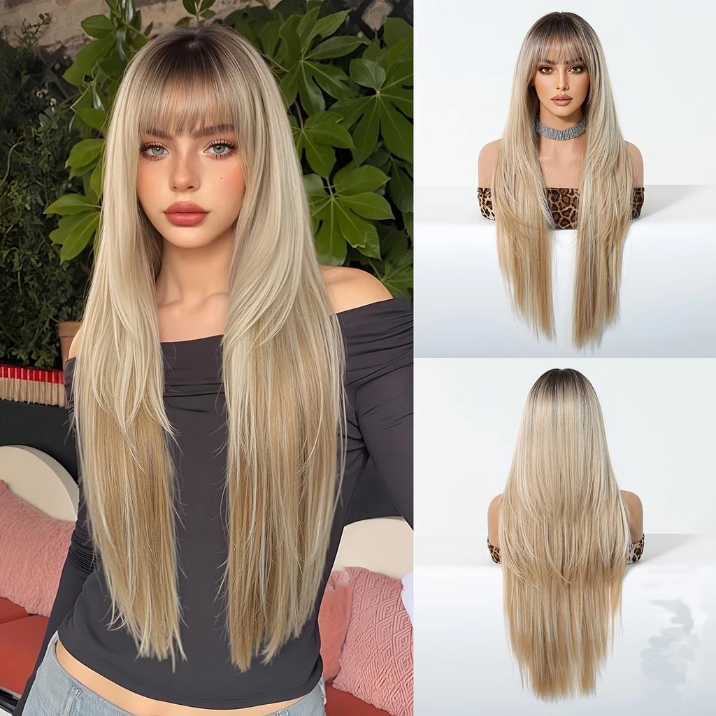 LOUIS FERRE Synthetic Fiber Wig For Women Long Straight Silky Daily Elegant Wigs Black Brown Fake Hair With Bangs High Resistant