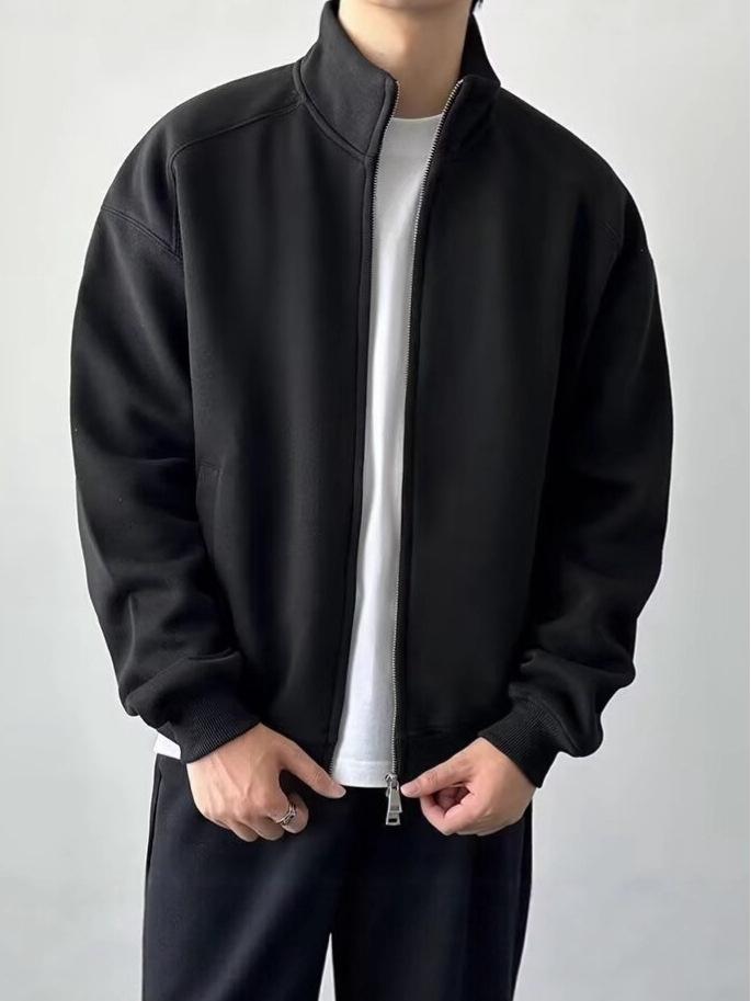 Men's Double Zipper Stand-up Collar Cardigan Hoodie - 2025 Casual Solid Color Outerwear for Spring & Autumn