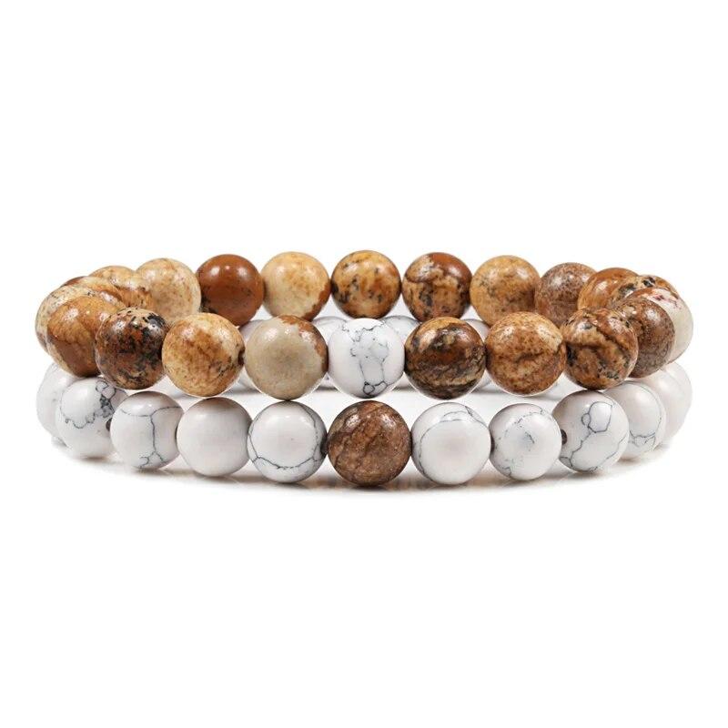 Sett Armbånd Par Avstand Svart Hvit Naturlig Lavastein Tiger Eye Beaded Yoga Armbånd for Menn Kvinner Elastisk tau Smykker