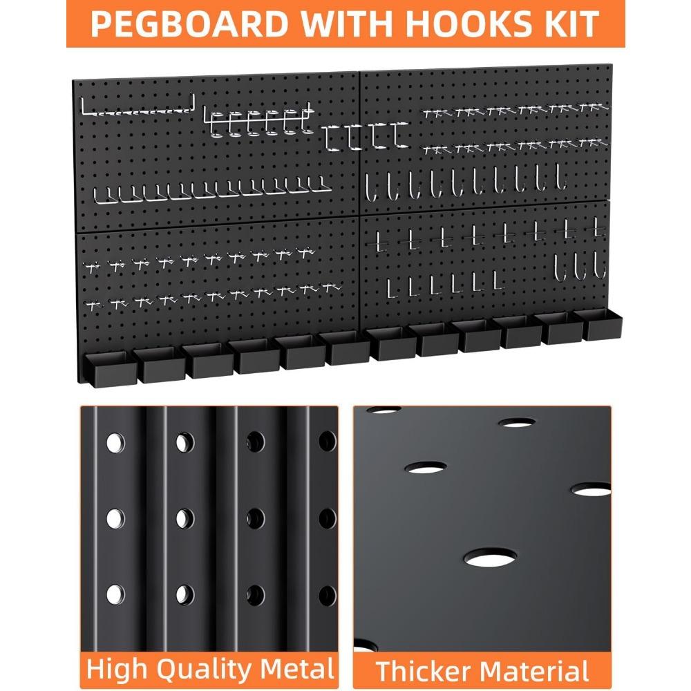 158PCS Metal Pegboard Wall Organizer, 48x24 Inch Black Pegboard Panels Tool Organizer Kit with Accessories Hooks and Bins