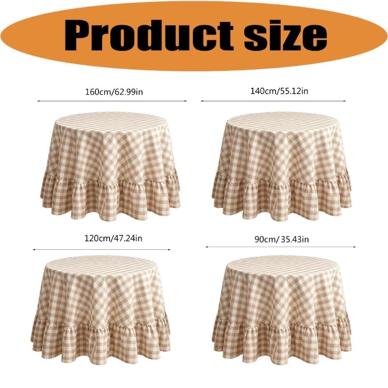 Beige Gingham Plaids Round Tablecloth with Ruffled Edges Cotton Linen Blend Checkered Table Cover for Dining Room, Cafes, and Tea Table Decors
