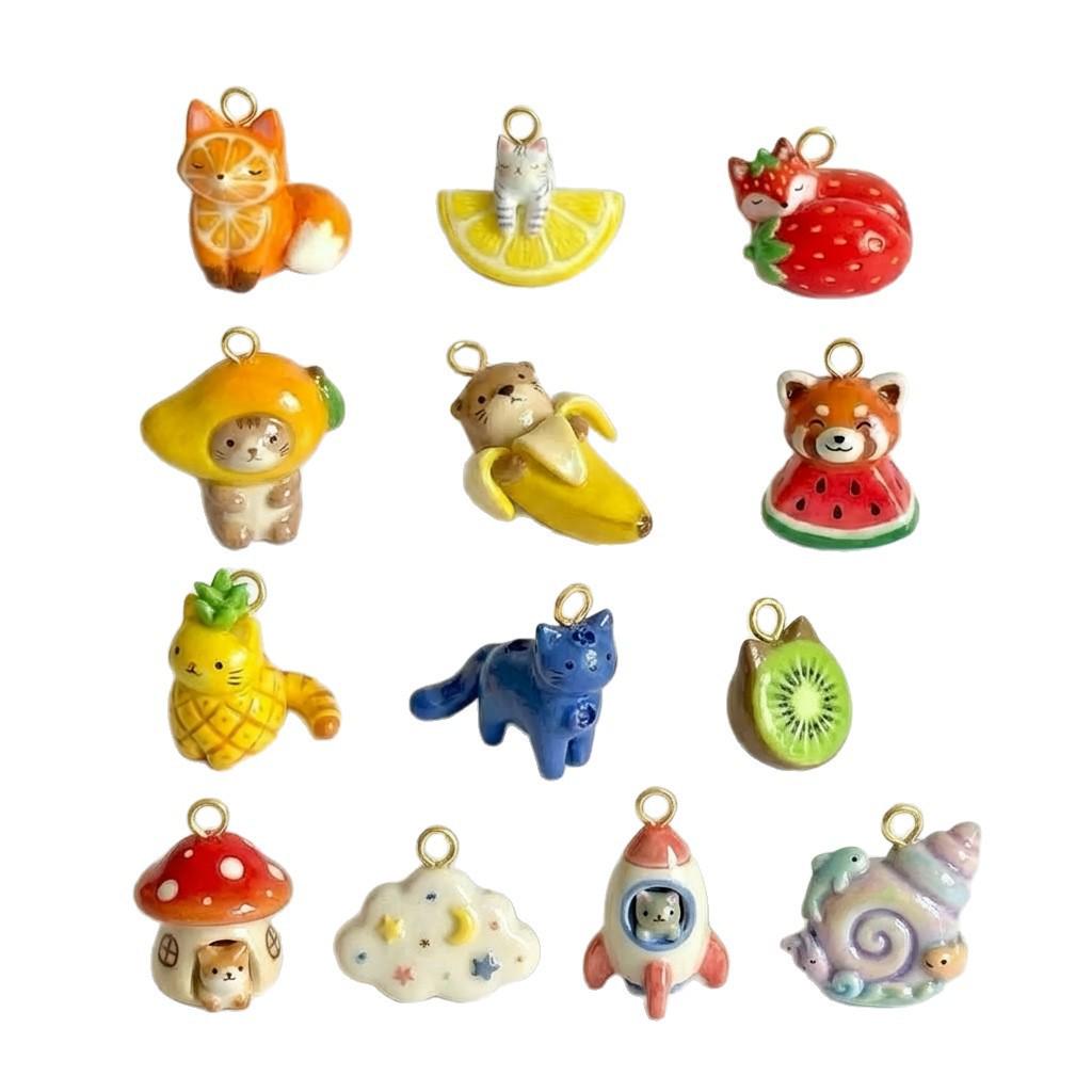 Nordic Style Healing Animal Fruit Series: Fox, Lemongrass, Strawberry, Mango, Cute Cat Pendant DIY Jewelry Accessories