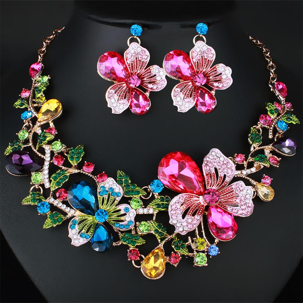 Fashion Bauhinia Flowers Crystal Jewelry Set Multicolor Earrings with Matching Necklace Wedding Necklace Women Jewelry разноцветный