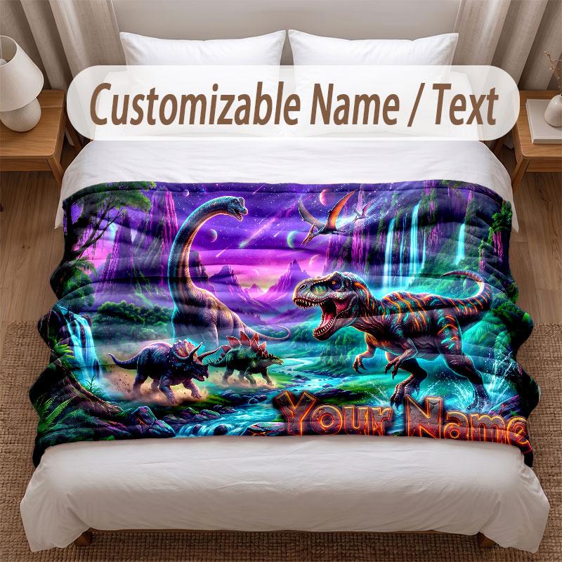 Dinosaur Theme Soft Blanket Personalized Custom Name Text Print Warm Blanket Home Sofa Bedroom Decor