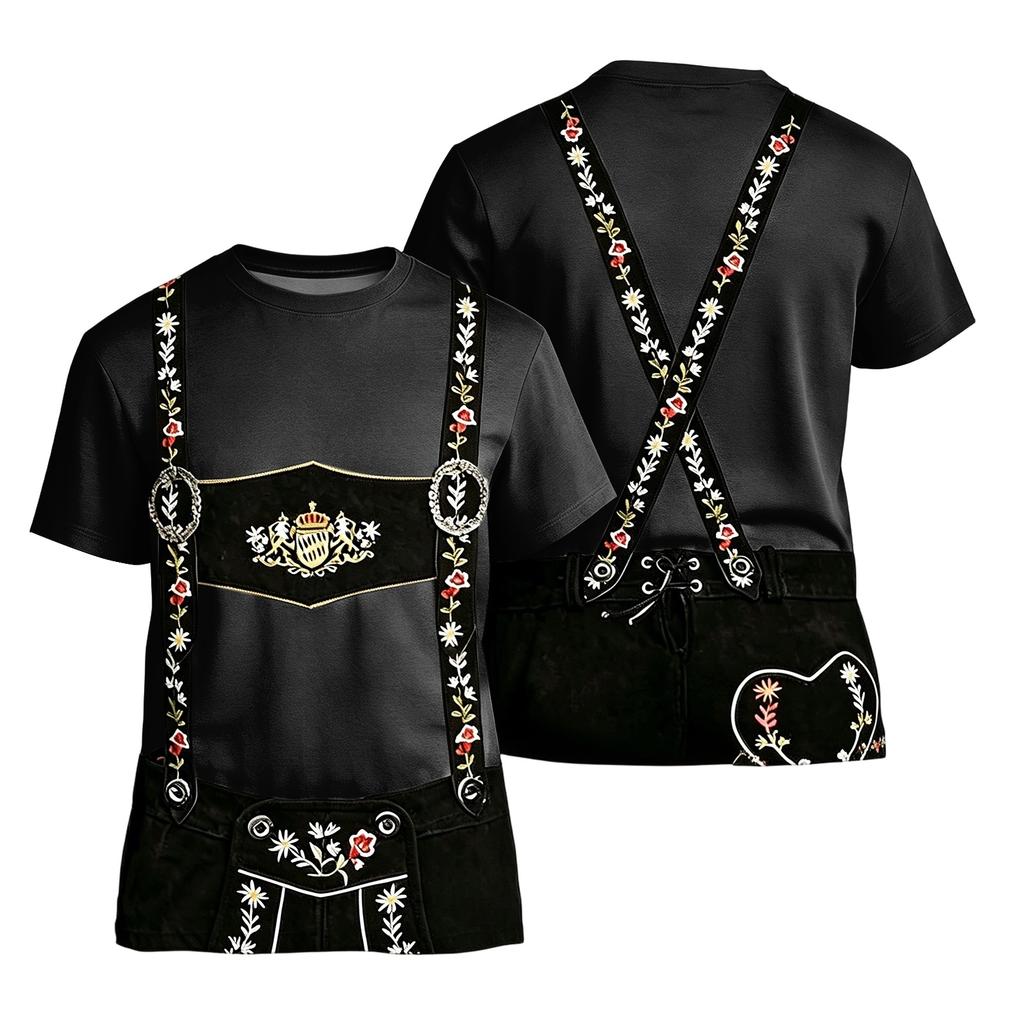 Men's Oktoberfest Short Sleeve T Shirt Vintage Texture Print Loose Fit Casual Summer Daily Wear Top with Embroidered Suspenders Design