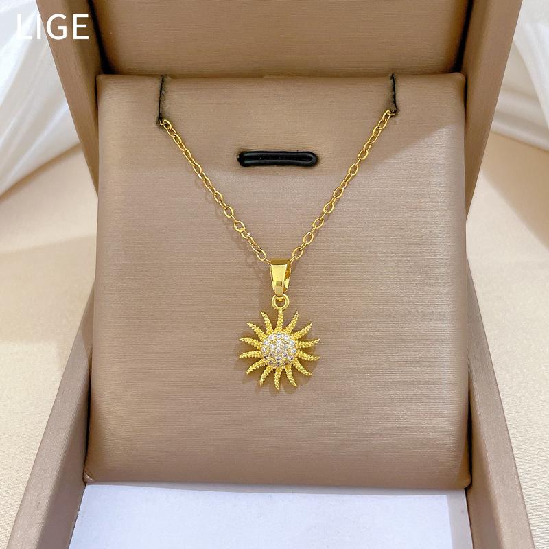 Titanium Steel, Light Rotating Sunflower Light Luxury Temperament Gorgeous Full Diamond Necklace Female Versatile Collarbone Chain Titanium Steel