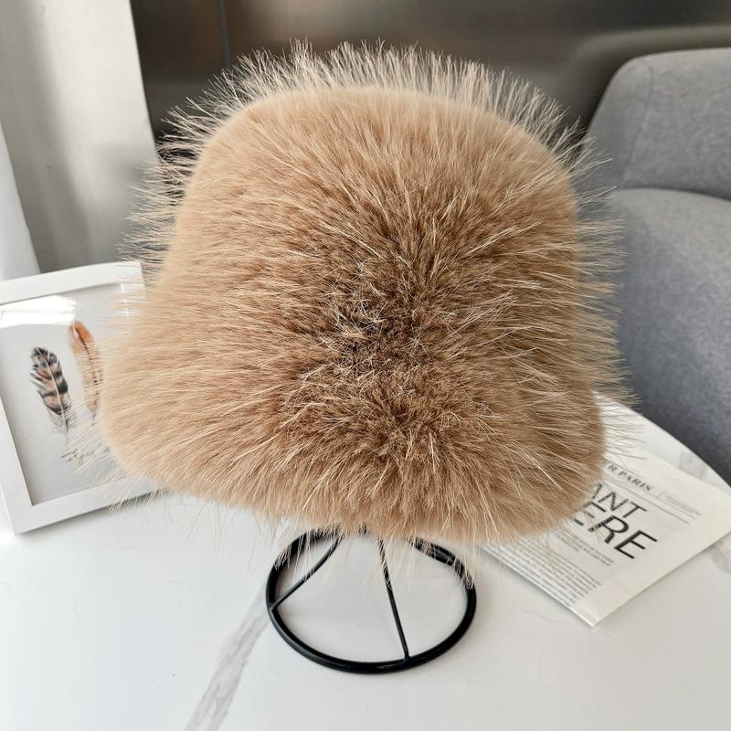 New Imitation Fox Hair Bucket Hat Women's Autumn and Winter Fashion Versatile Thickened Warm Plush Top Hat Japanese Show Small Face