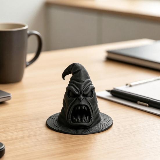 Creative Holiday Party Props 3D Printed Dark Big Mouth Wizard Hat Figurine, Scary Witch Unique Halloween Favors Tabletop Statue, Gothic Desktop