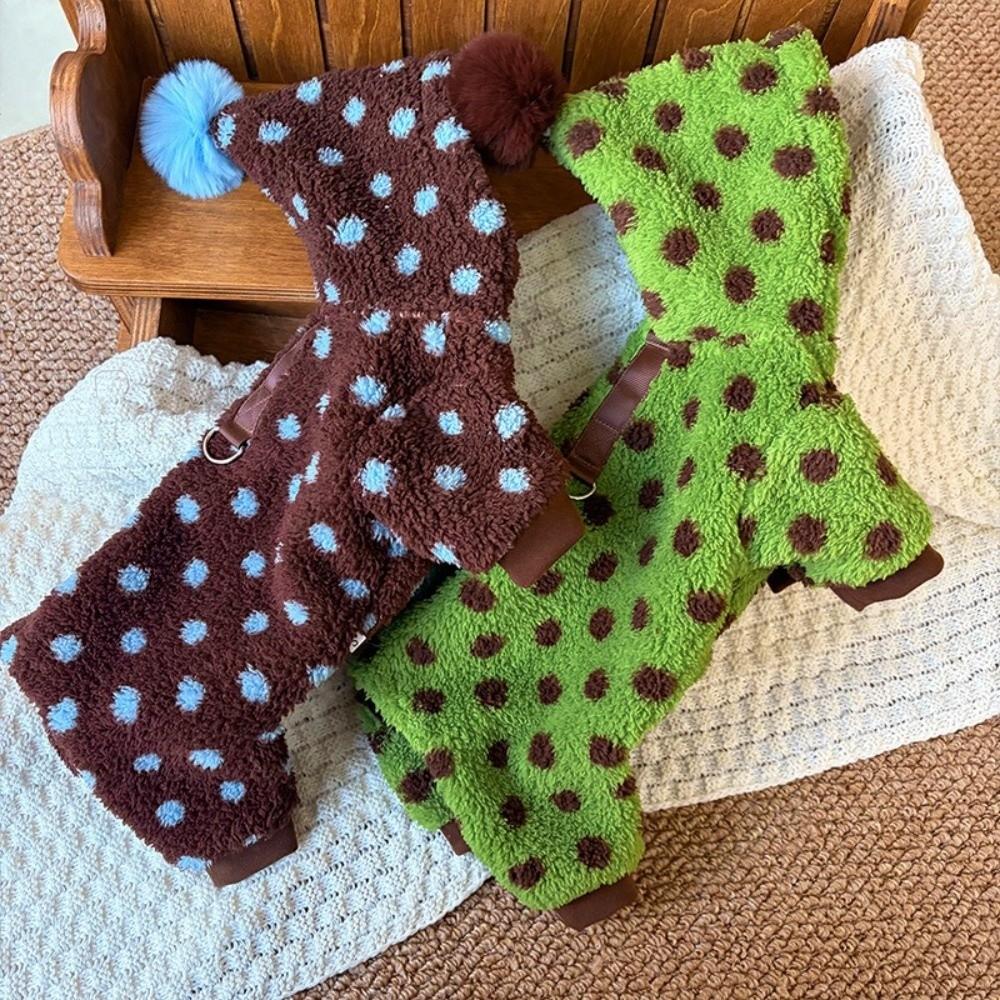 Fashion Polka Dot Pattern Dog Four Legged Coat Thickened Warm Comfortable Dog Jumpsuit Soft Plush Dog Hooded Sweatshirt Walking
