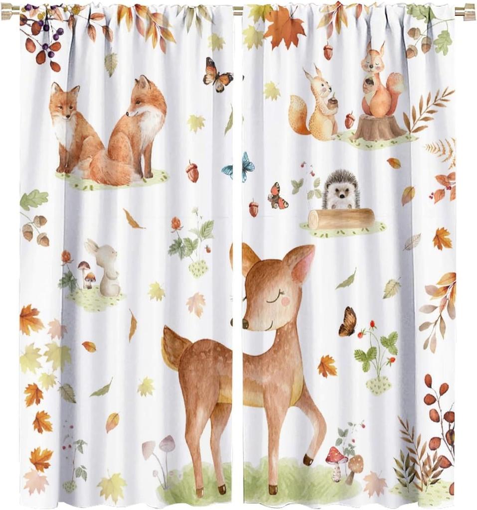 Kids Forest Animal Curtains, Rustic Cute Wild Animal Fox Deer Hedgehog Window Treatments Farmhouse Woodland Window Drapes For