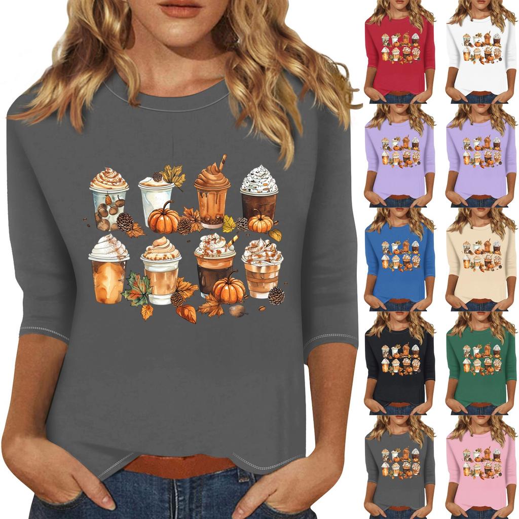 Women's Fashion Casual Three-quarter Sleeve Halloween Printed Round Neck Top