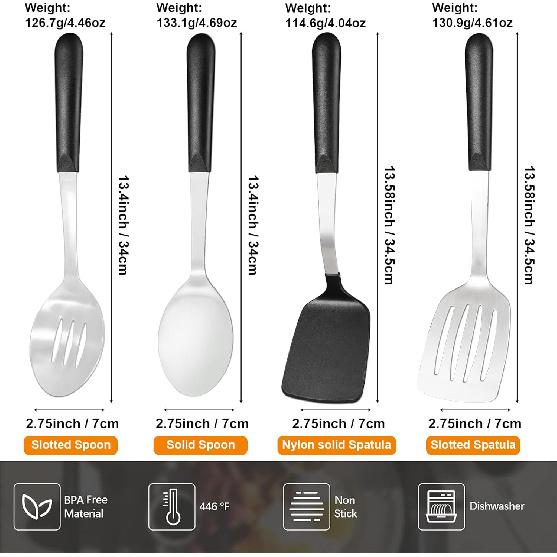Stainless Steel Cooking Utensils Set, 4-piece Kitchen Utensil Set with PP Handles, Dishwasher Safe, Non-Stick and Heat Resistant, Spoons, Spatula for