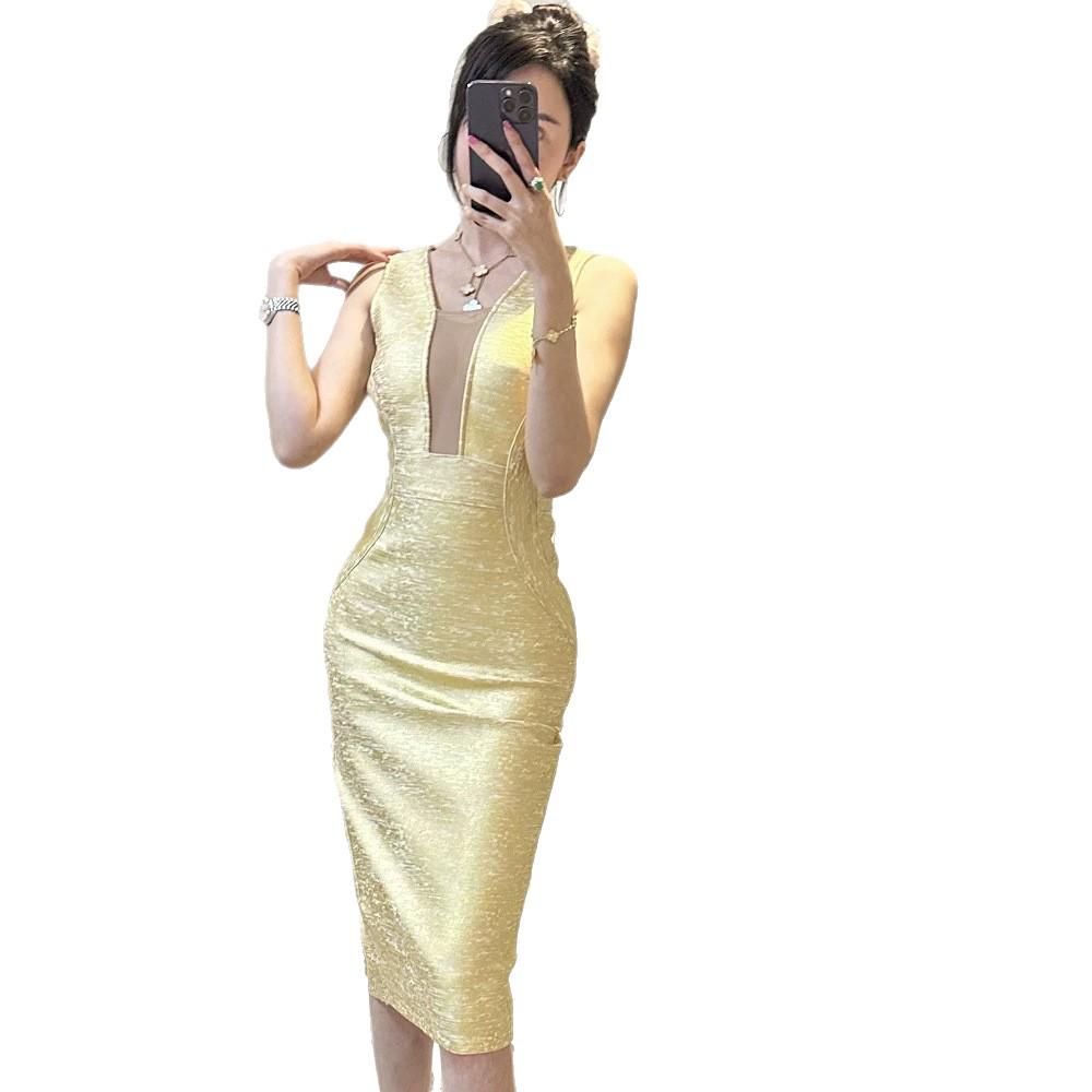 Silk Luxury Low-Cut Mesh Bandage Dress with Gold Waist for Evening Party