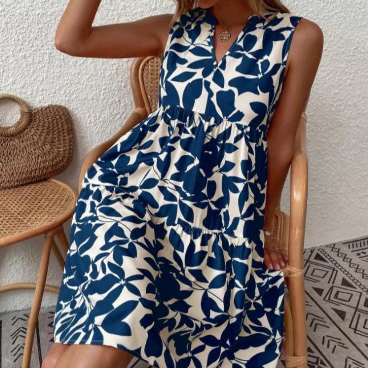 Fashion Bohemian Dress Women Printed V Loose Pleated Neck